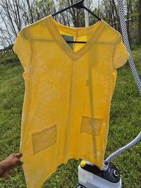 Yellow V-Neck Short Sleeve Dress with Front Pockets